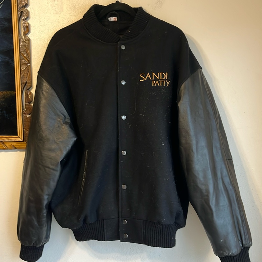 Melton Wool Bomber Jacket w/Genuine Leather Sleeves Sandi Patty